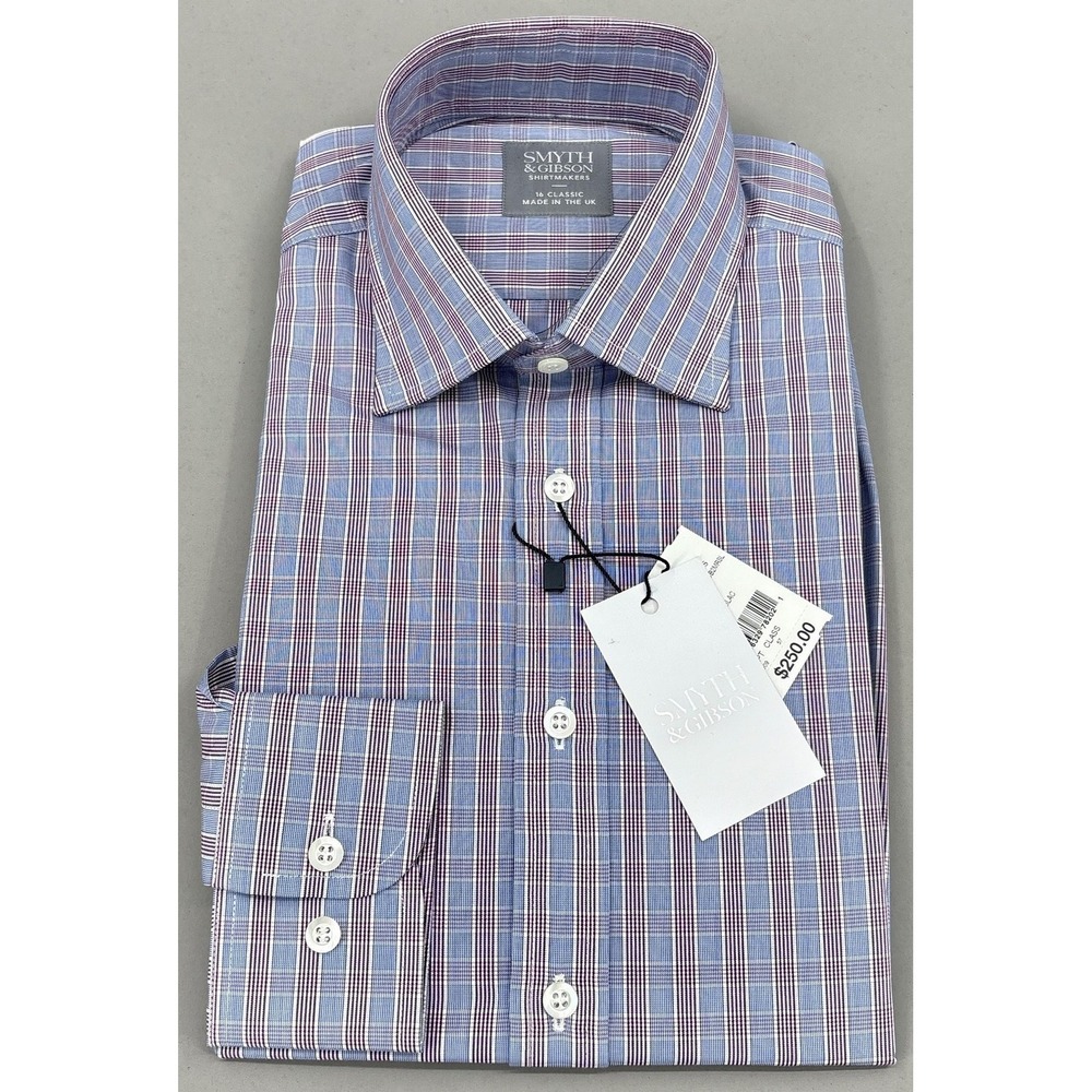 Smyth & Gibson Shirt Mens 16 Blue Purple Check Classic Long Sleeve Dress UK NWT